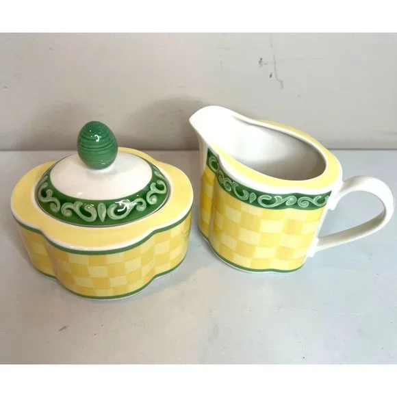 Villeroy Boch SWITCH 7 SUMMERHOUSE Cream Pitcher Sugar Bowl Set Yellow Green - Picture 2 of 12